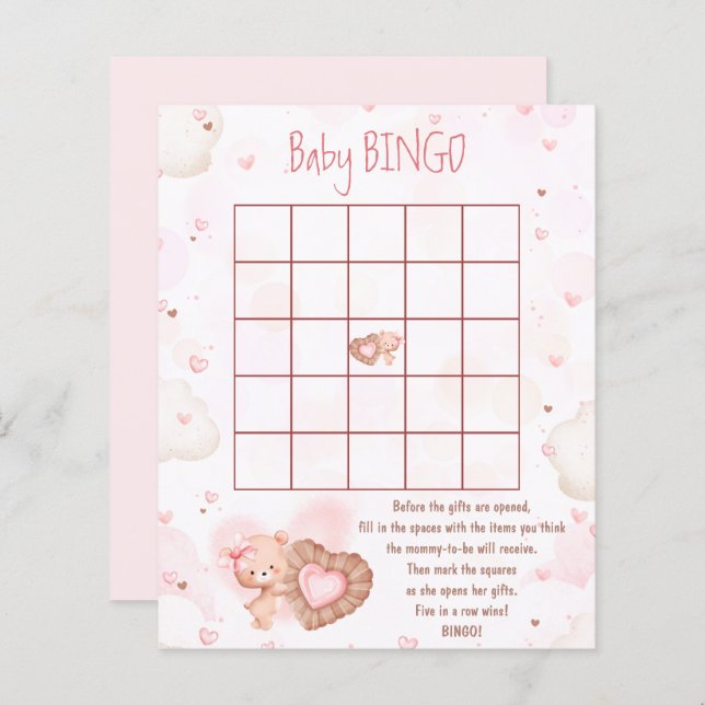 Rosa hjärta Baby Bingo Flicka Baby Shower Spel (Fram/baksida)
