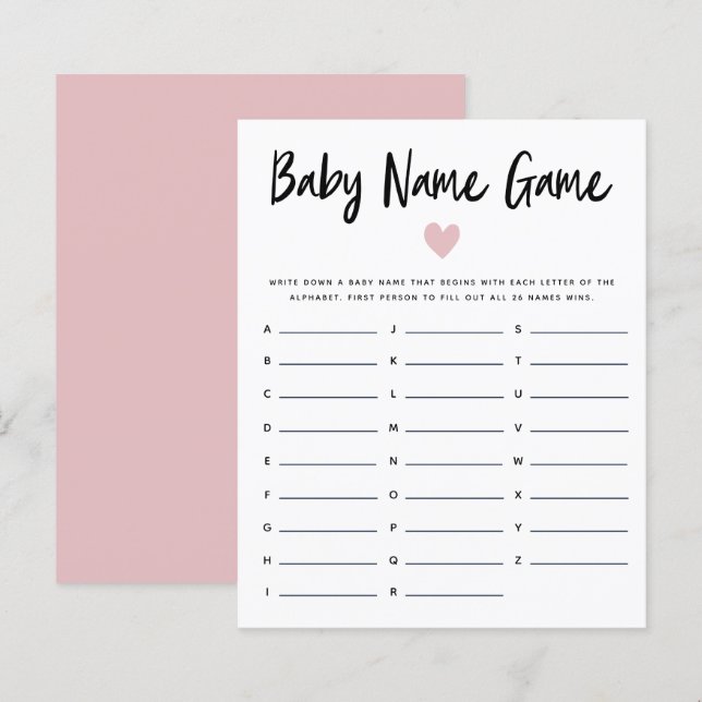 Rosa hjärta Baby Namn Bebisduschspel (Fram/baksida)