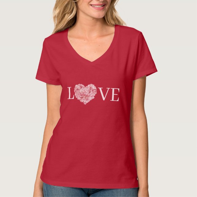 Rosa hjärta blomma kärlek t shirt (Framsida)