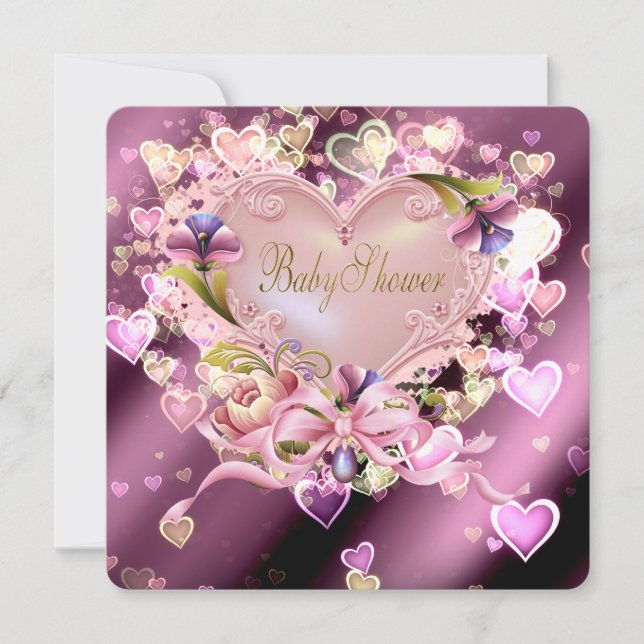 Rosa hjärta Damask babyflicka shower Inbjudningar (Framsida)