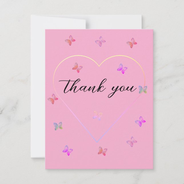 Rosa hjärta fjäril flicka baby shower tack kort (Framsida)