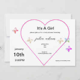 Rosa hjärta fjärils flicka baby shower inbjudan