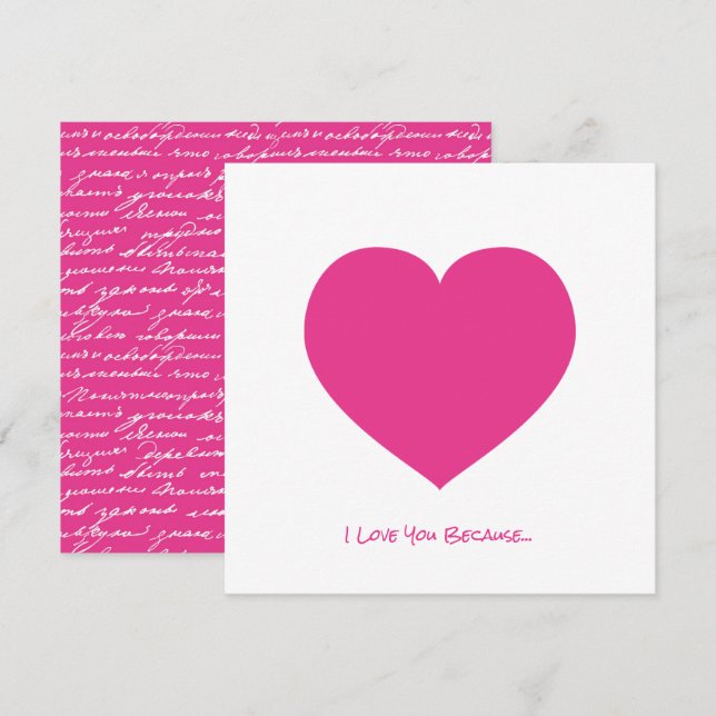 Rosa hjärta Jag älskar dig eftersom... Kärleksnoti Kort (Fram/baksida)