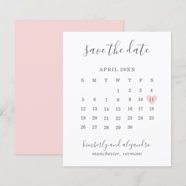 Rosa hjärta kalender budget bröllop spara datum (Fram/baksida)