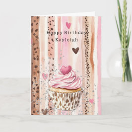 Rosa hjärta leopard Cupcake Konfetti Födelsedag Kort