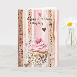 Rosa hjärta leopard Cupcake Konfetti Födelsedag Kort