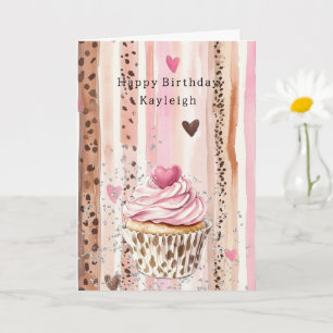 Rosa hjärta leopard Cupcake Konfetti Födelsedag Kort