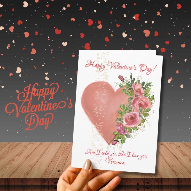 Rosa hjärta med blommor Alla hjärtans dag-kort Helgkort (Pink Heart with Flowers Valentine's Day Card)