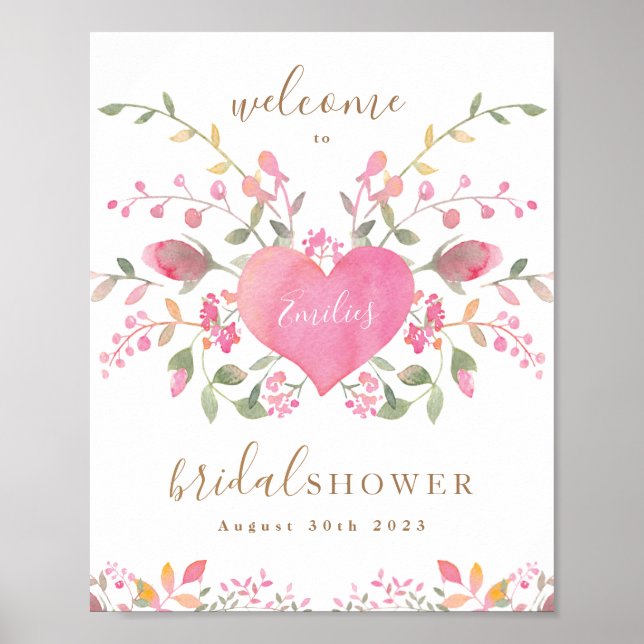Rosa hjärta och blommor Bröllopsdusch Välkommen Poster (Framsidan)