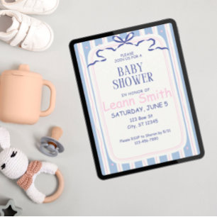 Rosa hjärta och Blue Bows Baby Shower Inbjudningar