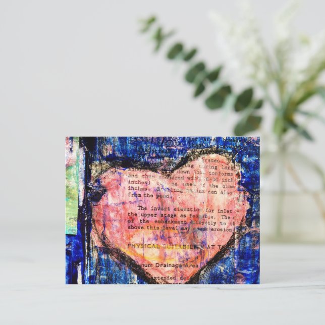 Rosa hjärta på blå målad mixed media-konst vykort (Stående Fram)