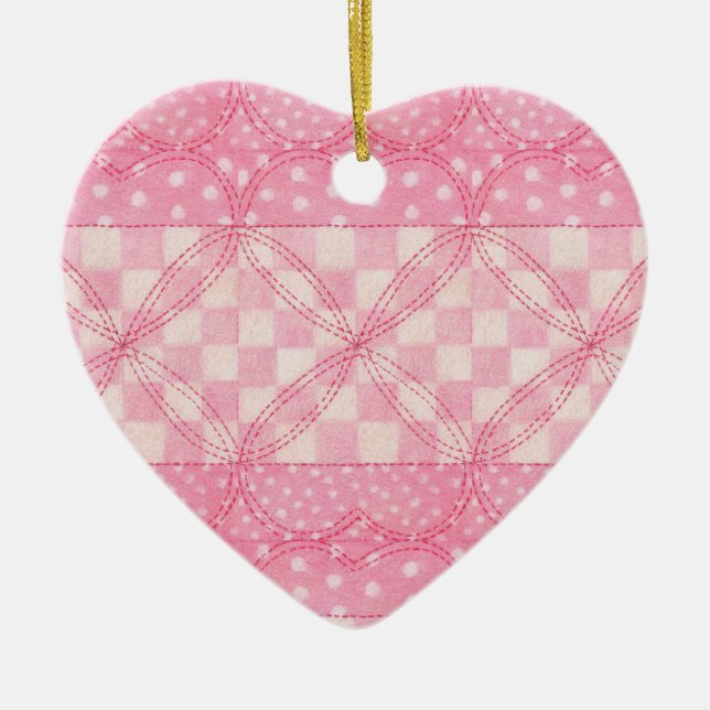 ROSA HJÄRTA QUILT Keramisk Hjärta Ornament (Framsidan)