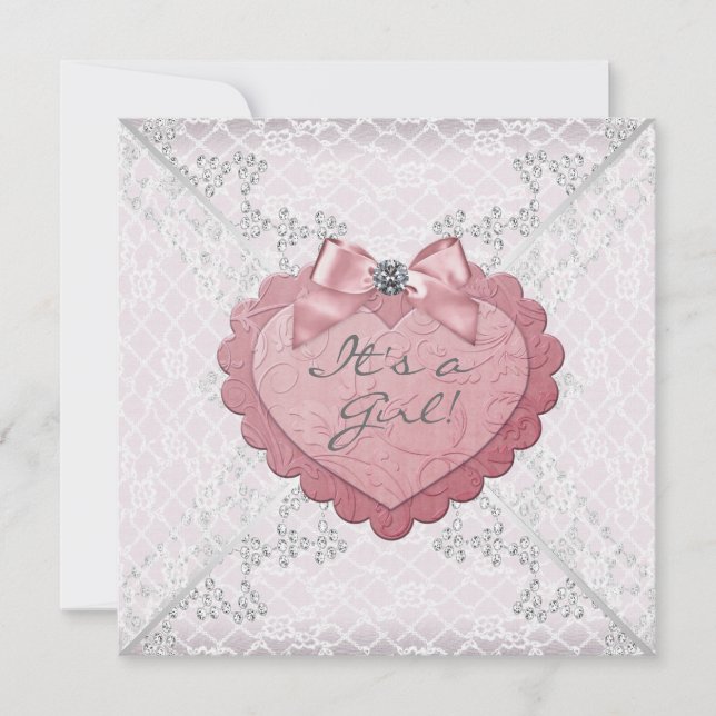 Rosa hjärta Rosa vita spetsar Baby Shower Inbjudningar (Framsida)