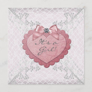 Rosa hjärta Rosa vita spetsar Baby Shower Inbjudningar