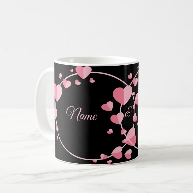 Rosa hjärta Svart geometrisk bröllopsfest Elegant Kaffemugg (Framsida vänster)