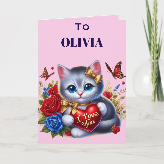 Rosa hjärta valentin djur sondotter helgkort (Framsida)