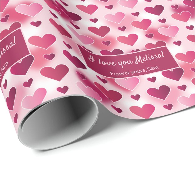 Rosa hjärtan & anpassad Jag älskar dig text Alla h Presentpapper (Rullad Hörn)