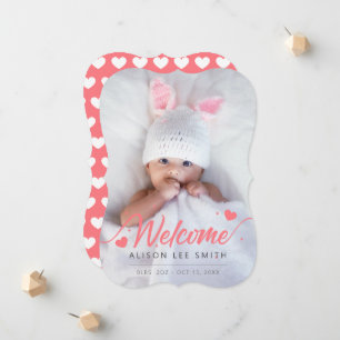 Rosa hjärtan Baby Birth Photo Anouncement Meddelande
