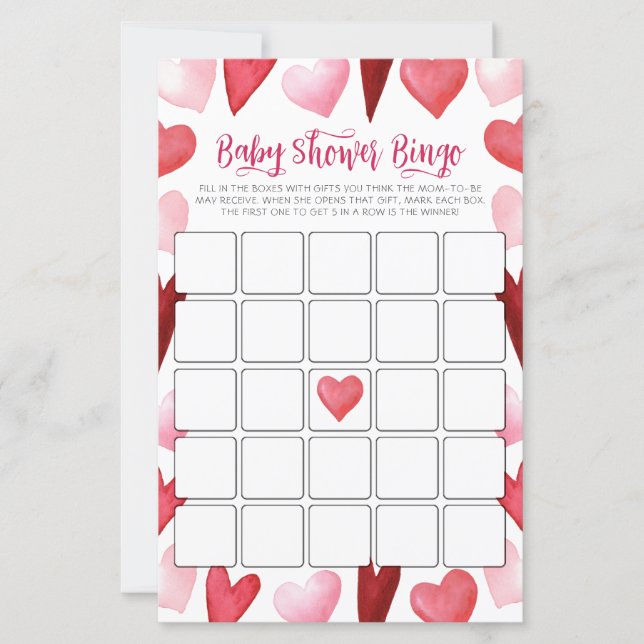 Rosa hjärtan Baby Shower Bingo spelkort (Framsida)