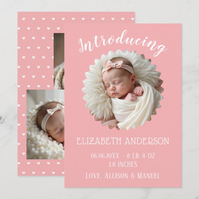 Rosa hjärtan Babyflicka Födelsekort Meddelande (Fram/baksida)