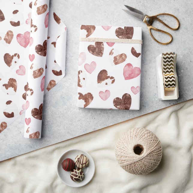 Rosa Hjärtan Brun Kakao Ko Print Födelsedag Presentpapper (Hantverk)