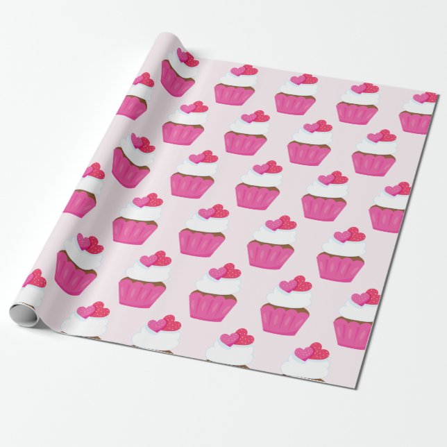 Rosa Hjärtan Cupcake Alla Hjärtans Dag Present Presentpapper (Utrullad)