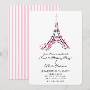 Rosa hjärtan & fjärilar Paris Eiffeltornet Party Inbjudningar