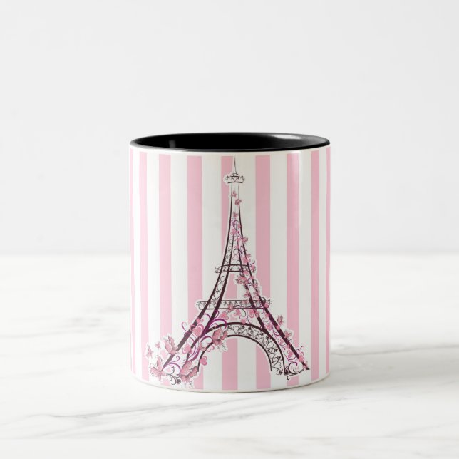 Rosa hjärtan & fjärilar Paris Eiffeltornet Två-Tonad Mugg (Center)