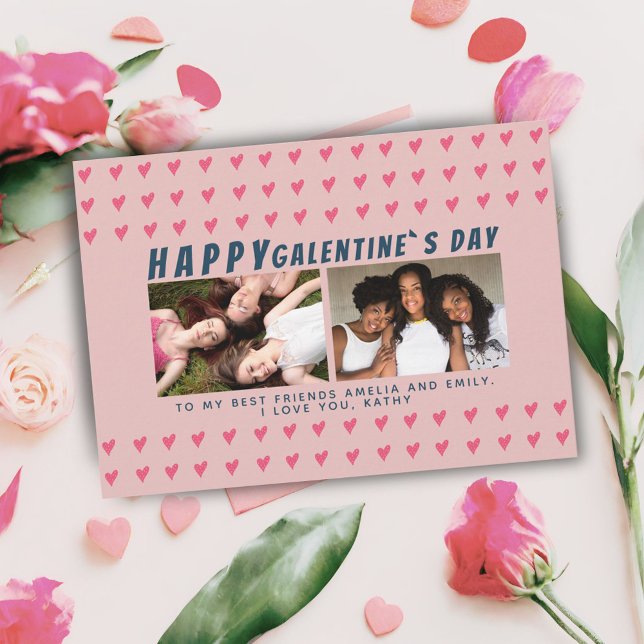 Rosa hjärtan Galentine`s dag vänner 2 Foto Julkort (Skapare uppladdad)