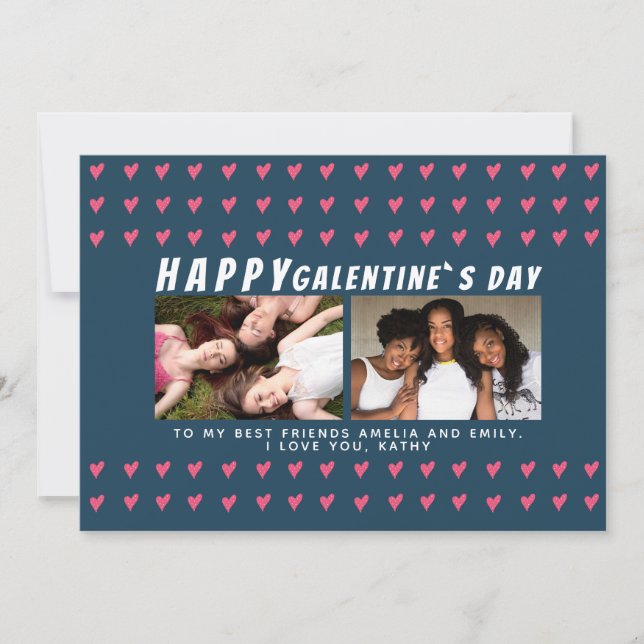Rosa hjärtan Galentine`s dag vänner 2 Foto Julkort (Framsida)