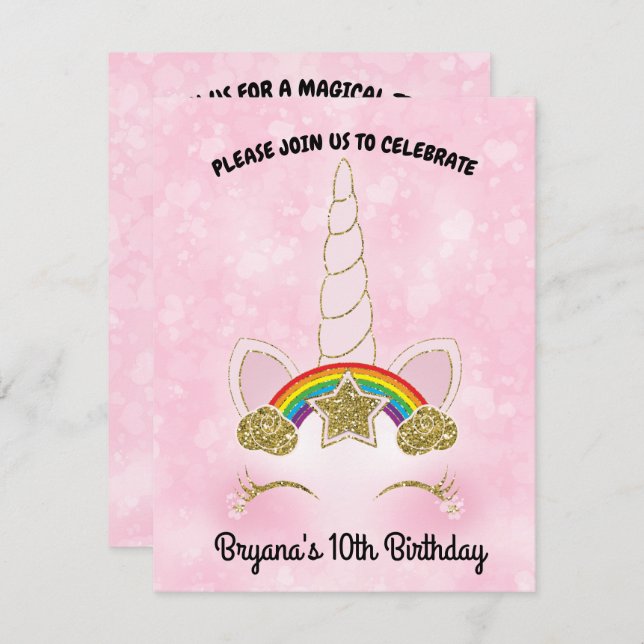 Rosa Hjärtan Guld Regnbåge Stjärna Enhörning Horn  Inbjudningar (Fram/baksida)