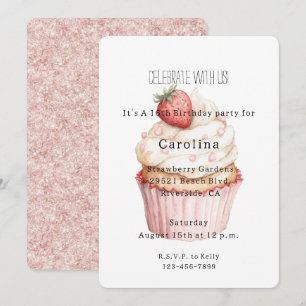 Rosa Hjärtan Jordgubb Cupcake Glitter Födelsedag Inbjudningar