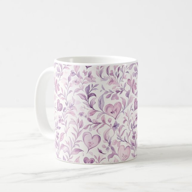 Rosa hjärtan lila blad kaffemugg (Framsida vänster)