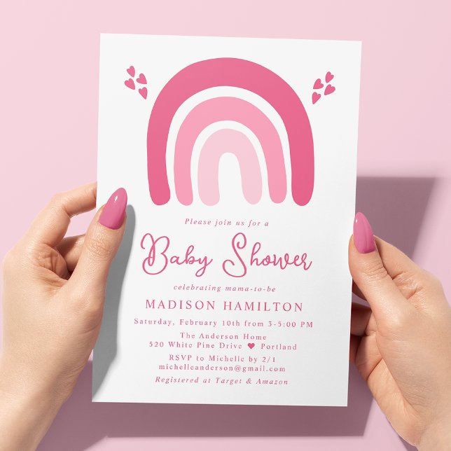 Rosa hjärtan och regnbåge baby shower inbjudningar (Skapare uppladdad)