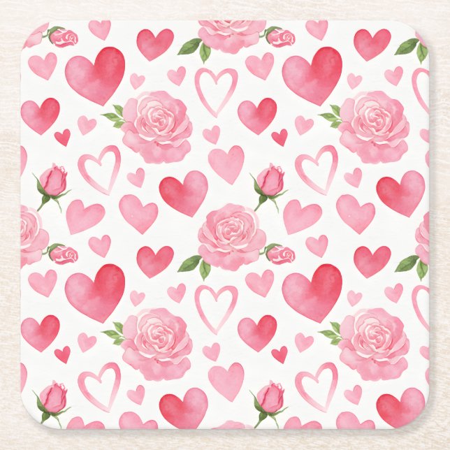 Rosa hjärtan och rosor underlägg papper kvadrat (Framsidan)