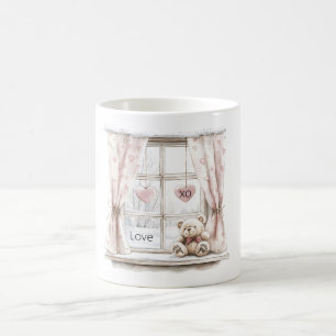 Rosa Hjärtan XO Kärlek Teddybjörn Fönster Kaffemugg