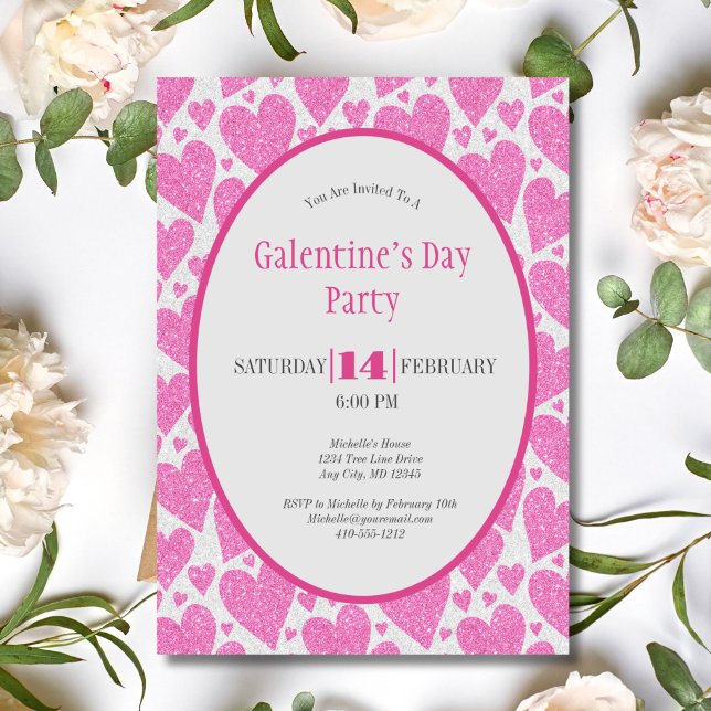 Rosa hjärtans Galentine-dagsfest Inbjudningar (Pink Hearts Glitter sparkle Galentine's Valentines Day Party Invitaiton)