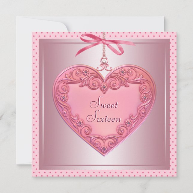 Rosa Hjärtat Rosa Söt 16 Födelsedagsfester Inbjudningar (Framsida)