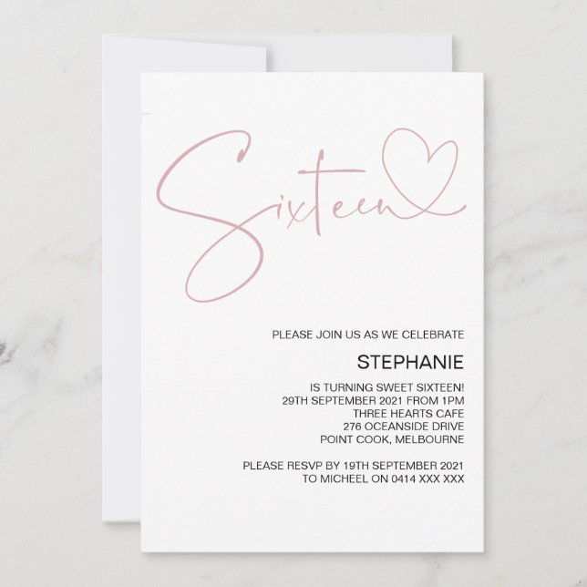 Rosa Hjärtat Sweet sixteen Födelsedagsfest Inbjudningar (Framsida)
