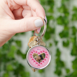Rosa hjärtformade dahliablommor, anpassad bild rund silverfärgad nyckelring