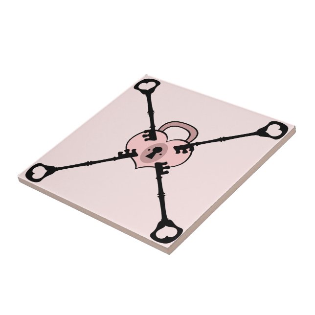 Rosa Hjärtklåda med Nycklar keramiska trivet Tile Kakelplatta (Sidan)