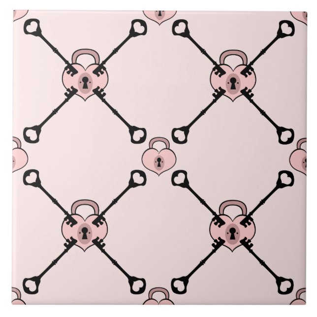 Rosa Hjärtklåda med Nycklar keramiska trivet Tile Kakelplatta (Framsidan)