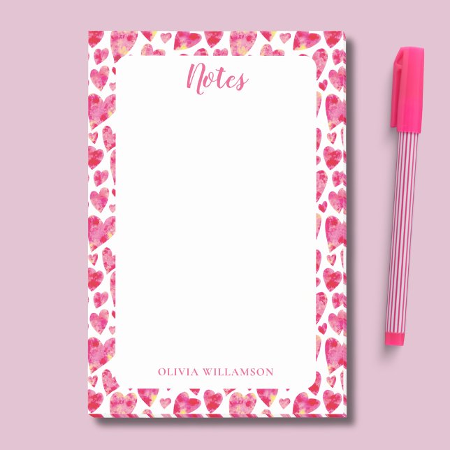 Rosa hjärtmönster att göra-anteckningar post-it block (Pink love heart watercolor post-it notes pad, personalized with your own name)
