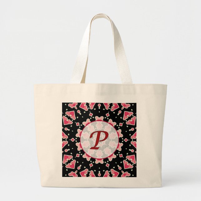 Rosa hjärtor för Monogram P på svart Jumbo Tygkasse (Framsidan)