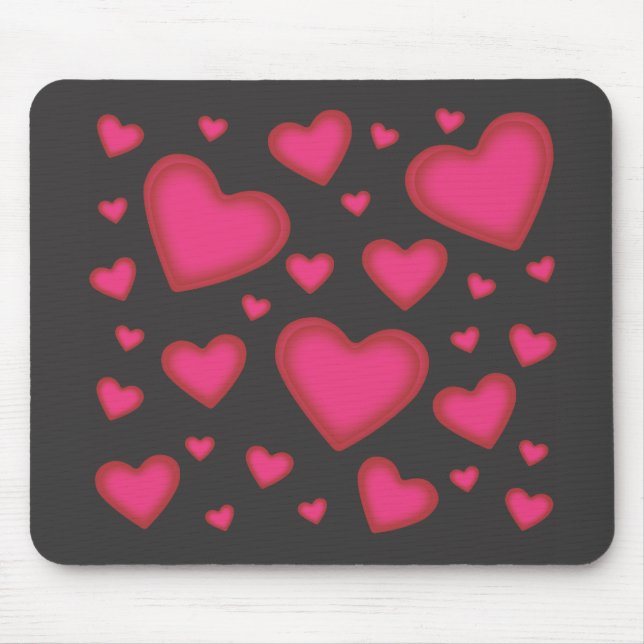 Rosa hjärtor för valentin på svart Mousepad Musmatta (Framsidan)