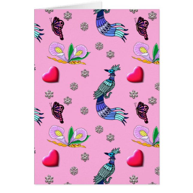 Rosa hjärtor & påfåglar - & Cyan fröjd Hälsningskort (Framsidan)