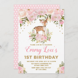  Rosa Hjort 1:a födelsedag Blommigt av vattenfärg Inbjudningar