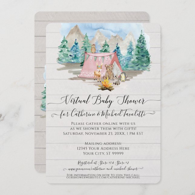 Rosa Hjort Bear Rustic Forest Virtuell Baby Shower Inbjudningar (Fram/baksida)