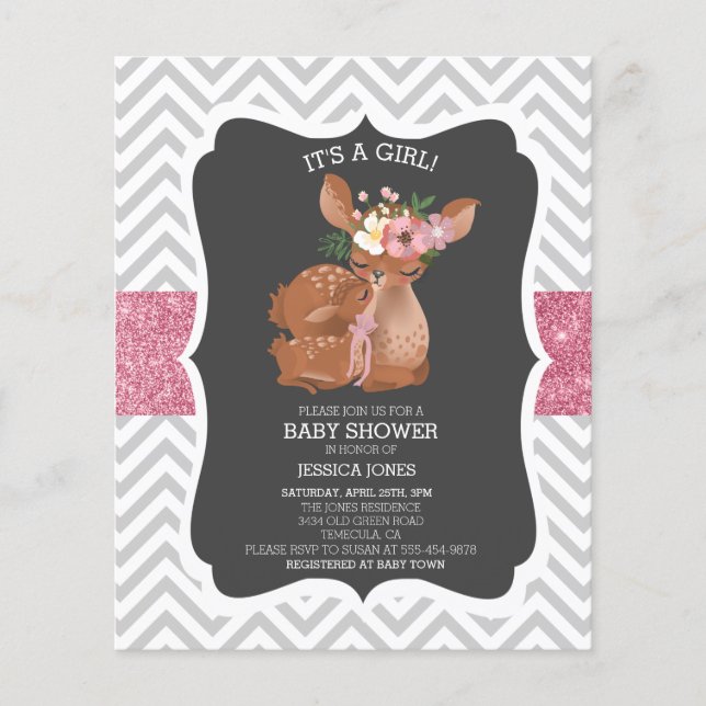 Rosa Hjort Chevron Glitter Baby Shower Inv (Framsida)