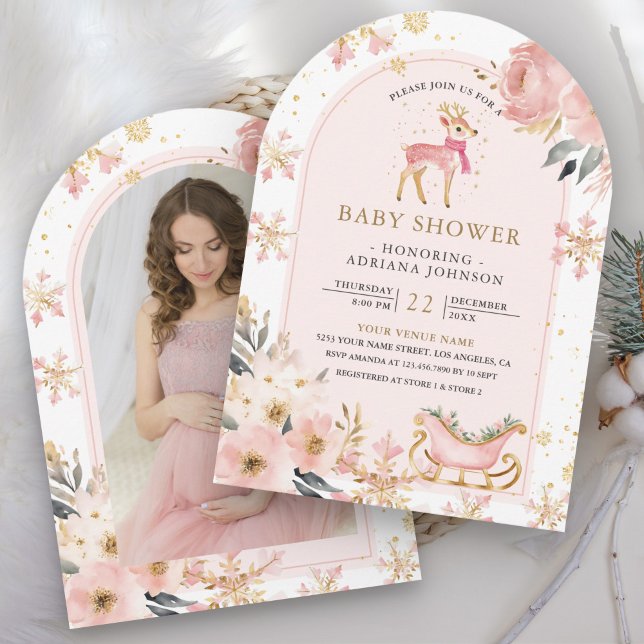 Rosa Hjort Winter Wonderland Photo Baby Shower Inbjudningar (Skapare uppladdad)